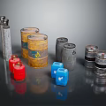 Various Colored Metal And Plastic Storage Barrels And Cans
