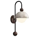Modern Dome Shaped Wall Lamp With White Marble Lampshade Black Metal Stand And Wooden Balls