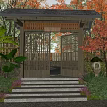 Traditional Wooden Gate Entrance With Autumn Trees Green Plants And Stone Steps