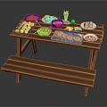 Wooden Dining Table Set With Bench And Assorted Dishes Sushi Pizza Drinks 3d model