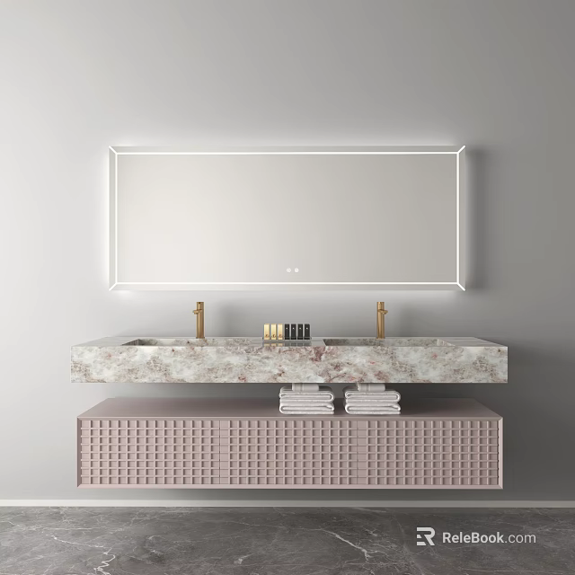 Modern Vanity With Double Sink Marble Countertop Gold Faucets Lighted Mirror And Pink Lattice Cabinet 3d model 