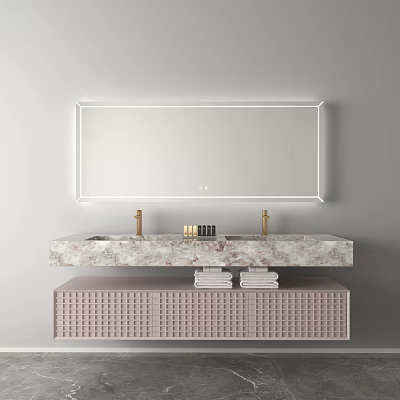 Modern Vanity With Double Sink Marble Countertop Gold Faucets Lighted Mirror And Pink Lattice Cabinet 3d model