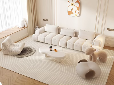 Cozy Modern Beige Sofa Coffee Table Set With Plush Toys Striped Rug And Natural Light 3d model