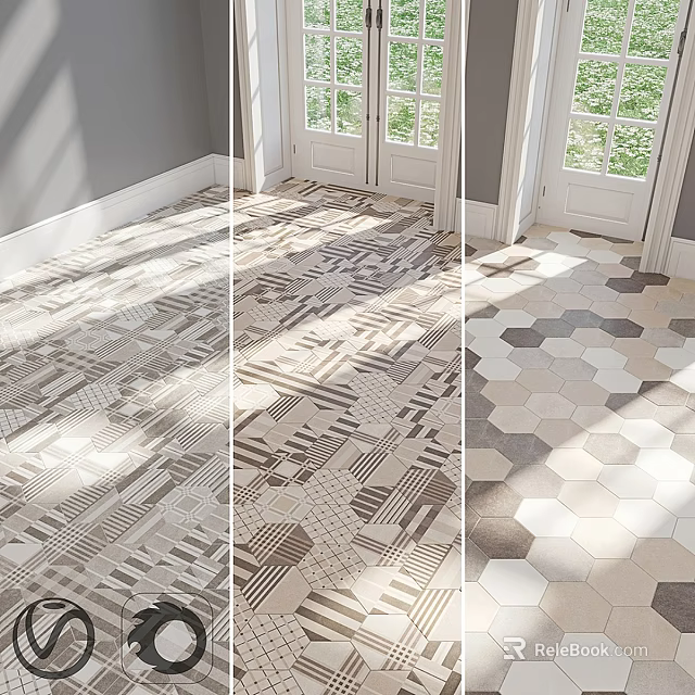 Modern Interior Floor Tiles With Various Geometric Patterns And Hexagonal Designs 3d model 