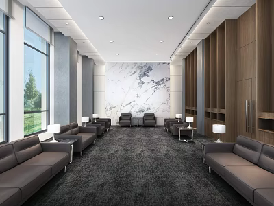Modern Lounge Area With Large Windows Green Trees Gray Sofas And Marble Accent Wall 3d model