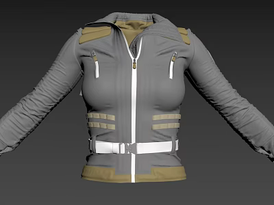 Stylish Gray Hooded Jacket With Zipper Closure Belt Detail Brown Accents And Ruched Sleeves 3d model