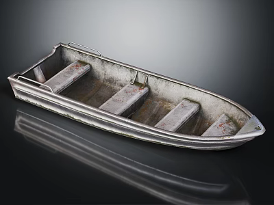 Small Weathered Metal Boat With Wooden Seats On Black Background And Reflection 3d model