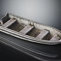 Small Weathered Metal Boat With Wooden Seats On Black Background And Reflection