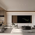 Modern Living and Dining Room Interior Design With Fireplace Oval Mirror And Wooden Partition