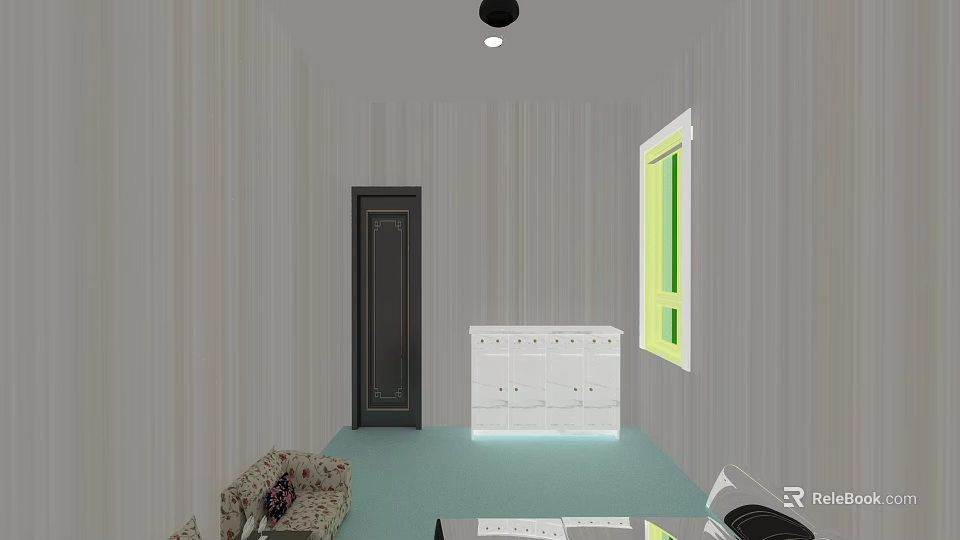 Hotel Lobby With Gray Striped Walls Black Door White Chest And Green Floor 3d model 