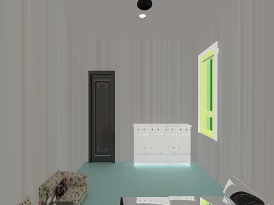 Hotel Lobby With Gray Striped Walls Black Door White Chest And Green Floor 3d model