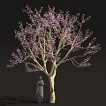 Tall Tree With Pink Blossoms And Stone Statue Standing Under 3d model