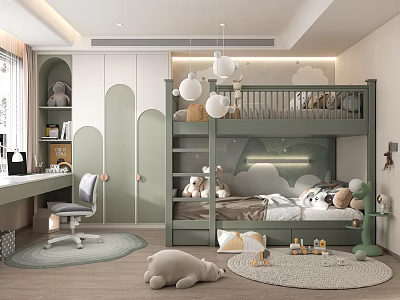 Cozy Kids Room Interior With Green Bunk Bed Cloud Decor Desk And Stuffed Toys 3d model