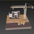 Cartoon Construction Site Scene With Yellow Crane House Under Construction And Cement Mixer Truck