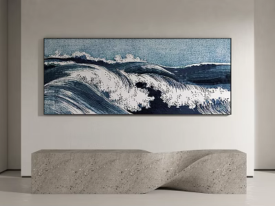 Abstract Ocean Wave Painting In Blue And White Hanging On White Wall With Concrete Bench 3d model