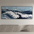 Abstract Ocean Wave Painting In Blue And White Hanging On White Wall With Concrete Bench
