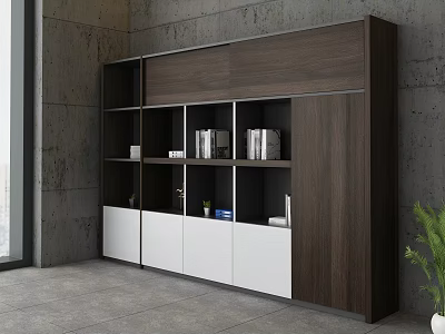 Modern File Cabinet With Dark Brown And White Panels Open Shelves In Contemporary Office Space 3d model