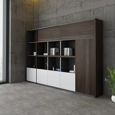 Modern File Cabinet With Dark Brown And White Panels Open Shelves In Contemporary Office Space 3d model