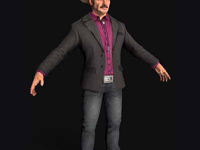 A Man In Gray Blazer Purple Shirt And Jeans With Hat Mustache Arms Outstretched 3d model