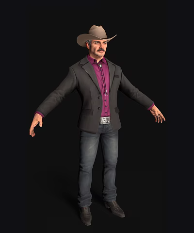 A Man In Gray Blazer Purple Shirt And Jeans With Hat Mustache Arms Outstretched 3d model