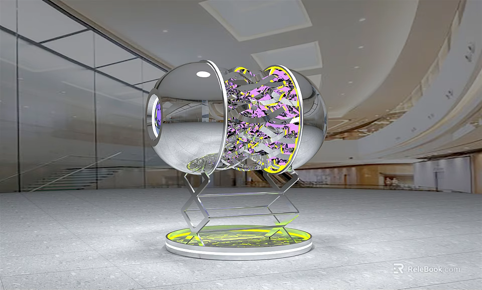 Transparent Sphere With Colorful Crystal Structure On Geometric Stand In Modern Exhibition Hall Interior 3d model 
