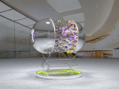 Transparent Sphere With Colorful Crystal Structure On Geometric Stand In Modern Exhibition Hall Interior 3d model