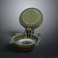 Detailed Weapon Circular Mine 3D Model Showing Open Lid And Inner Mechanical Structure 3d model