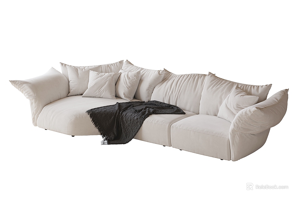 Cream Sectional Sofa With Soft Pillows And Cozy Blanket For Living Room 3d model 