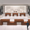 Modern Cultural Center Interior Design With Brown Decor White Tile Floor And Information Desk