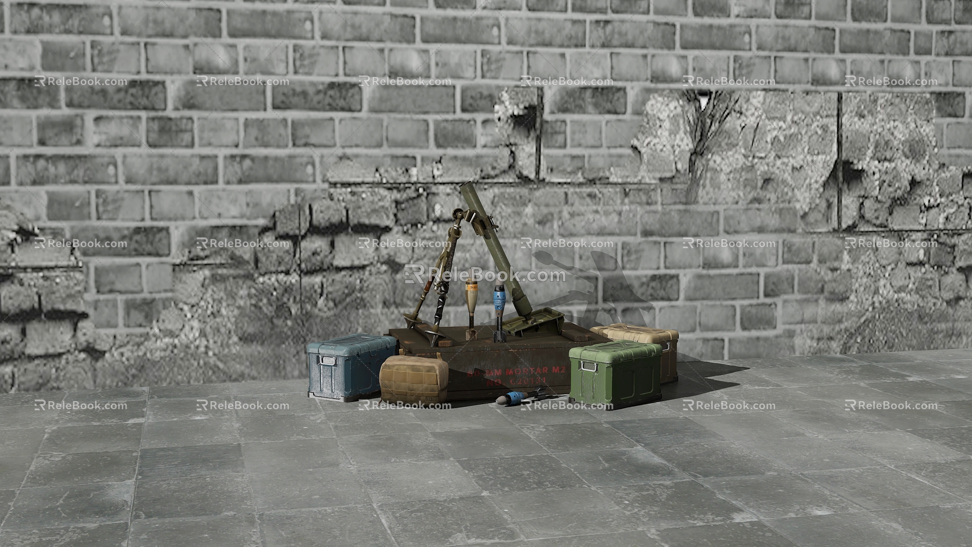 Weapons mortar ammunition box shell dilapidated wall retro brick 3d model