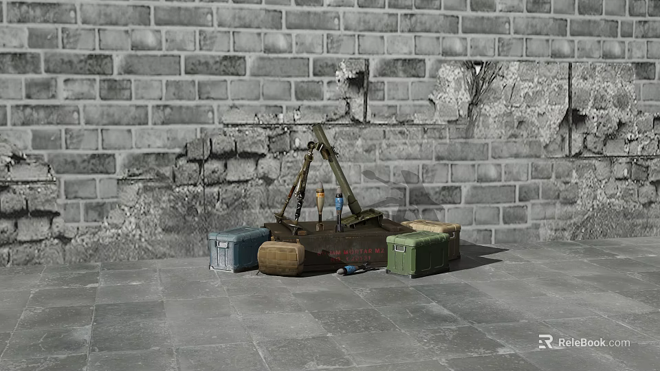 Military Mortar Weapon Against Gray Brick Wall With Colored Crates On Stone Floor 3d model 