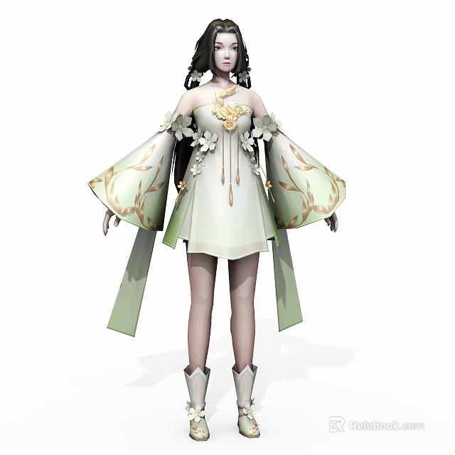 Anime Style Game Character In Green Dress With Gold Floral Patterns 3d model 