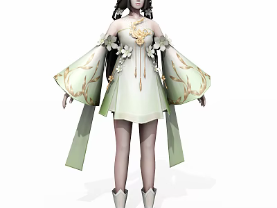 Anime Style Game Character In Green Dress With Gold Floral Patterns 3d model