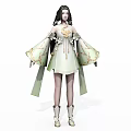 Anime Style Game Character In Green Dress With Gold Floral Patterns
