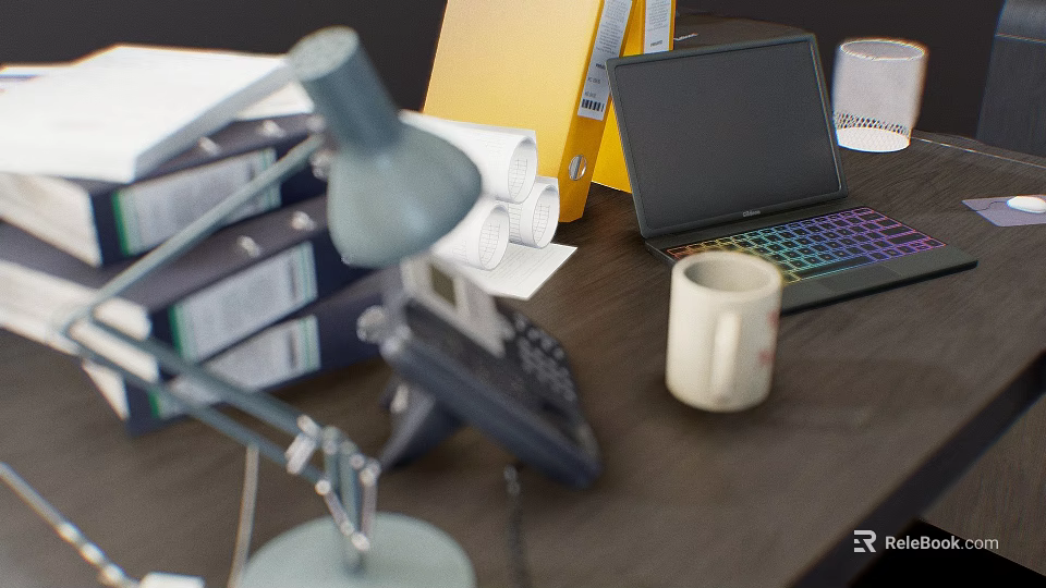 Stylish Decorative Ornament Combination With Table Lamp Laptop And File Folders 3d model 