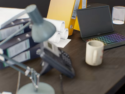 Stylish Decorative Ornament Combination With Table Lamp Laptop And File Folders 3d model