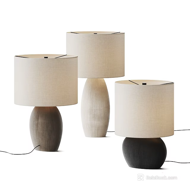 Three Modern Table Lamps with Different Colored Wooden Bases and Cream Linen Shades 3d model 