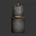 Rusted Industrial Metal Barrel With Top Valves Yellow Band And Hook