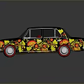 Vintage Car With Yellow Red Floral Patterns Dark Roof Red Windows Red Rim Wheels