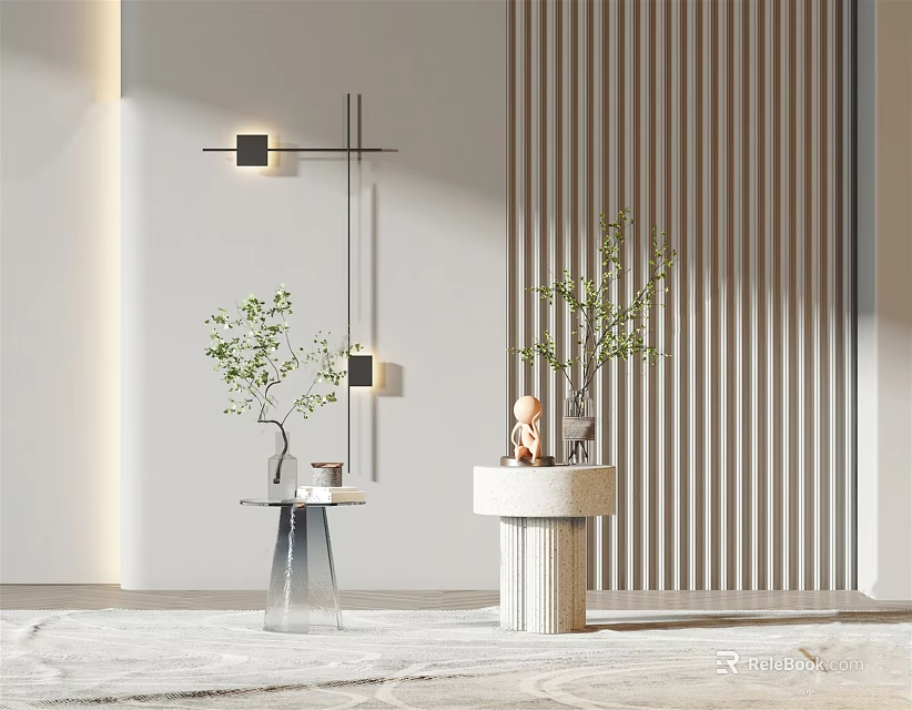 Modern Side Table With Marble Top Holding Green Plants And Small Figurine Near Vertical Striped Wall 3d model 