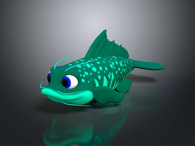 Cute Green Spotted Cartoon Fish Character With Big Blue Eyes And Fins 3d model