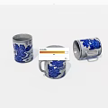 Blue and White Ceramic Mugs with Traditional Landscape Patterns on White Surface 3d model