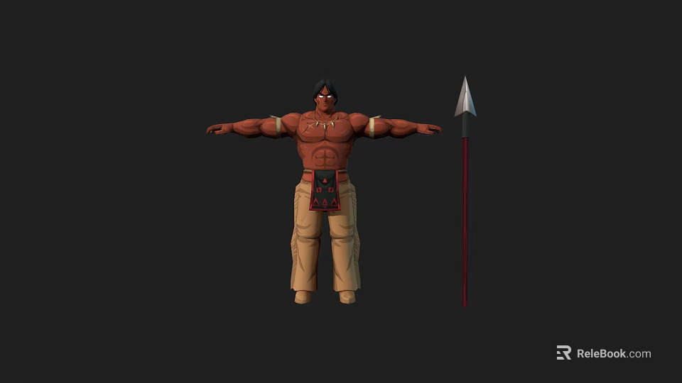 Game Movie Character Muscular Shirtless Male With Khaki Pants Waist Decoration Arms Outstretched And Spear 3d model 