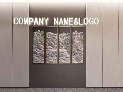 Modern Office Hallway Interior Design With Wall Art And Company Logo 3d model