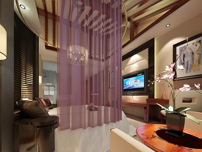 Relaxing SPA Sauna Room With Purple Curtains Sofa And Soft Lighting 3d model