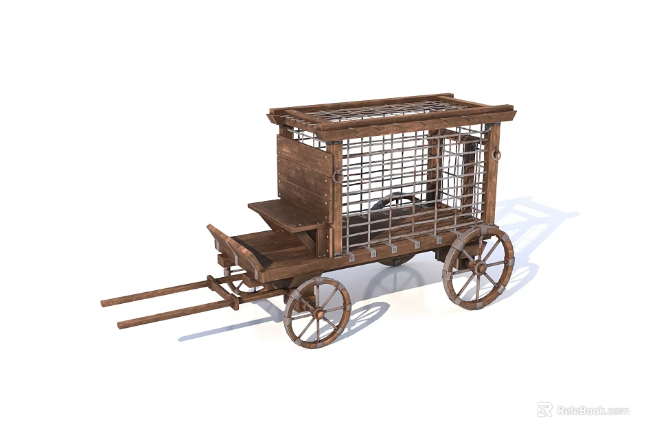 Vintage Wooden Wagon With Cage Like Top Structure And Wooden Steps And Wheels 3d model 