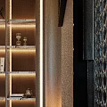 Modern Decorative Cabinet With Wooden Shelves Displaying Decor Items In Elegant Interior With Lighting