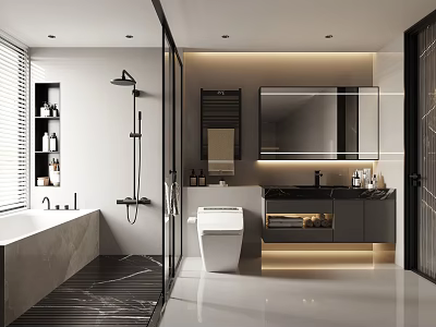 Modern Bathroom Interior Design With Bathtub Glass Shower Toilet Vanity And Mirror 3d model