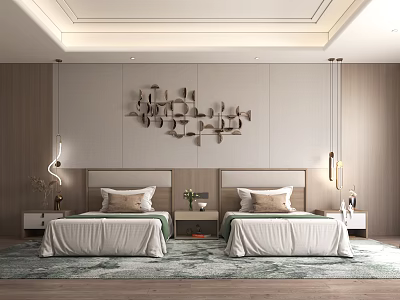 Modern Hotel Guest Room With Twin Beds Wooden Wall Decor And Carpet 3d model