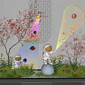 Vibrant Indoor Landscape With Red Flowering Trees Astronaut Sculptures Green Plants And Colorful Decorations